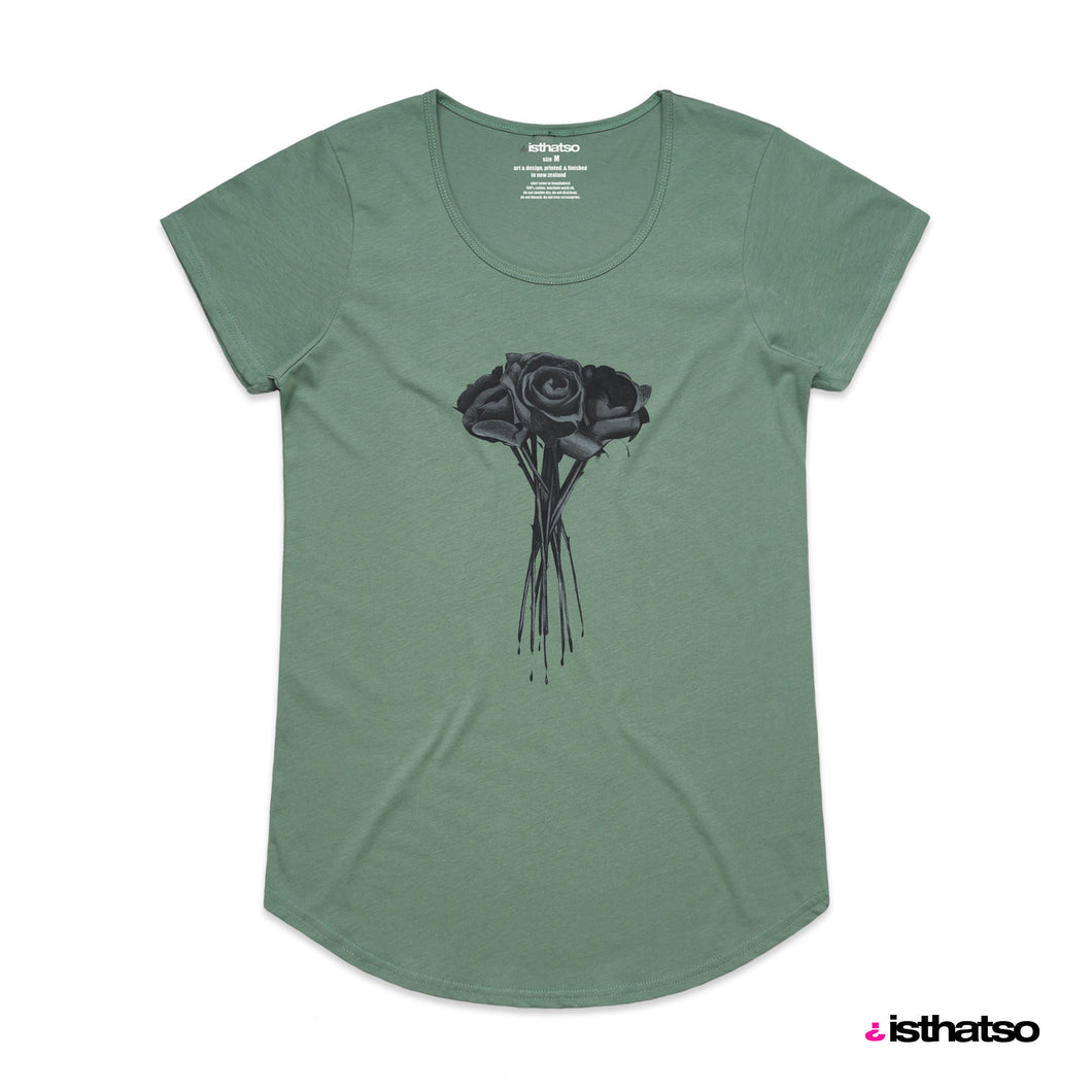 Black Roses Women's Scoop Neck Fashion T-Shirt - Sage Green