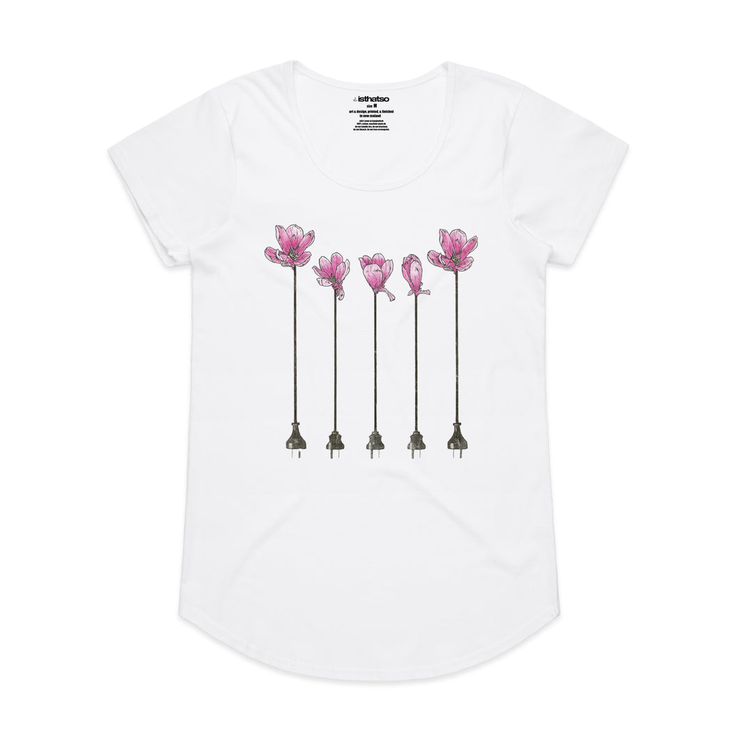 Electric Flowers Women's Scoop Neck Fashion T-Shirt - White